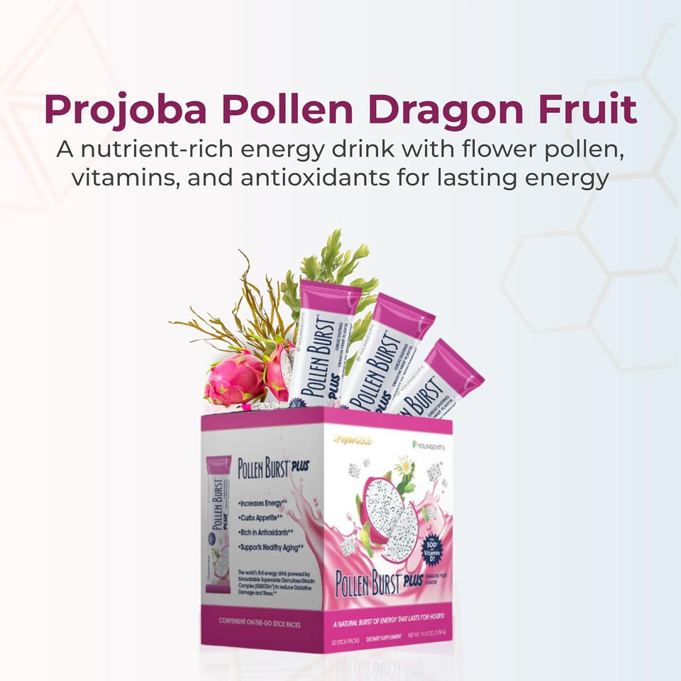 Youngevity Projoba Pollen Burst Dragon Fruit - Clean Natural Energy Supplement W/Green Tea, Pollen Extract, Glisodin® - Increase Focus, Brain Boost, Endurance, Mental Clarity (30 Sticks)