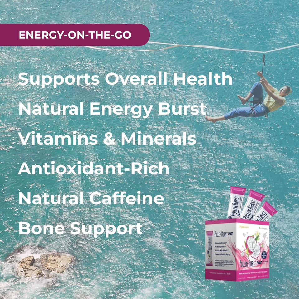 Youngevity Projoba Pollen Burst Dragon Fruit - Clean Natural Energy Supplement W/Green Tea, Pollen Extract, Glisodin® - Increase Focus, Brain Boost, Endurance, Mental Clarity (30 Sticks)