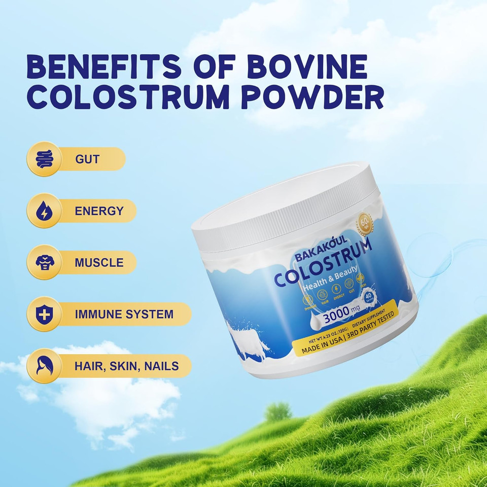 Bovine Colostrum Supplement Powder - 60% Igg 3000 Mg Bovine Colostrum - Gut, Hair Growth, Exercise, Immune, Beauty -Easy To Mix, Unflavored 40 Servings (1 Bottle)