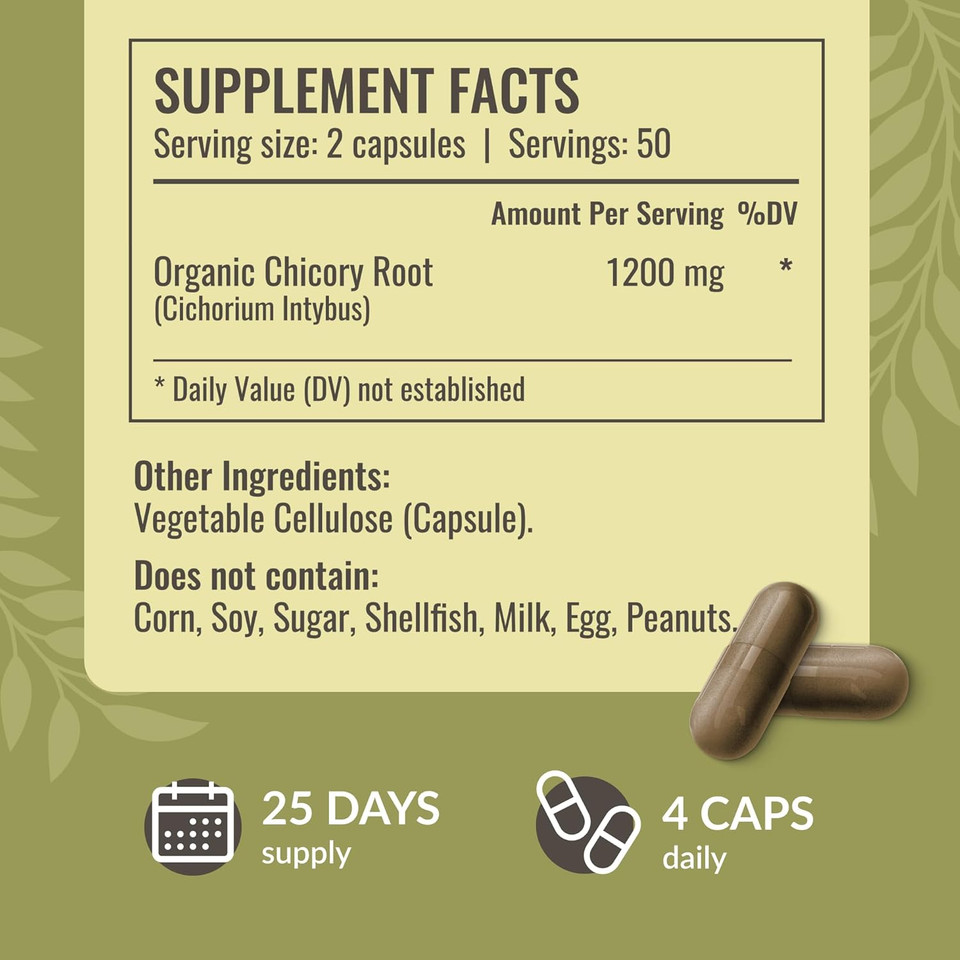 Herbamama Chicory Root Fiber Capsules - 1200Mg Chicory Root Powder For Gut Cleanse & Digestive Support - Vegan, Non-Gmo Inulin Prebiotic Fiber Supplement, 250 Caps