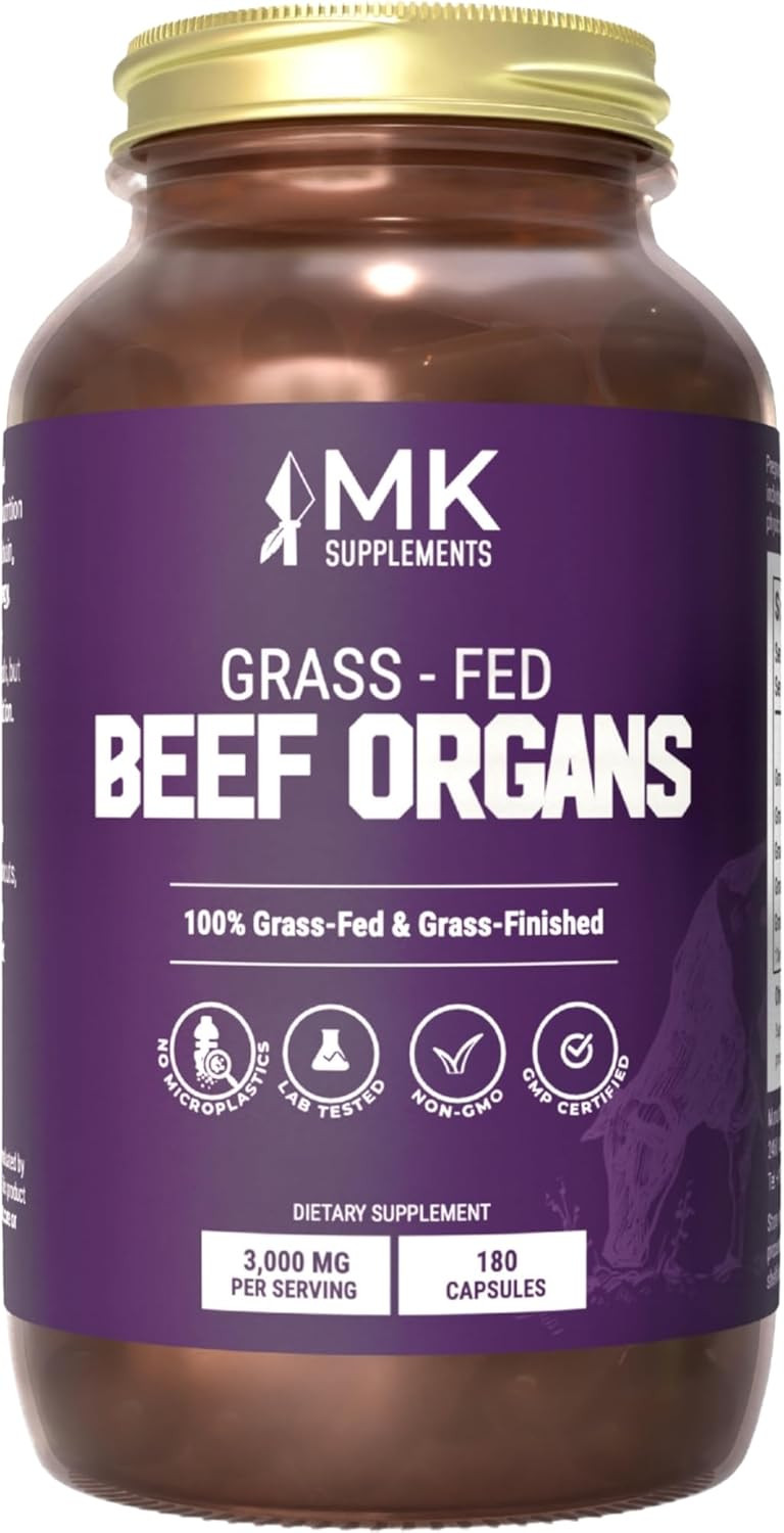 Mk Supplements  Grass-Fed Beef Organs 3000 Mg, 180 Beef Organs Capsules, Multivitamin, 100% Pasture-Raised In New Zealand, 45-Day Supply, Liver, Heart, Kidney, Spleen, Pancreas