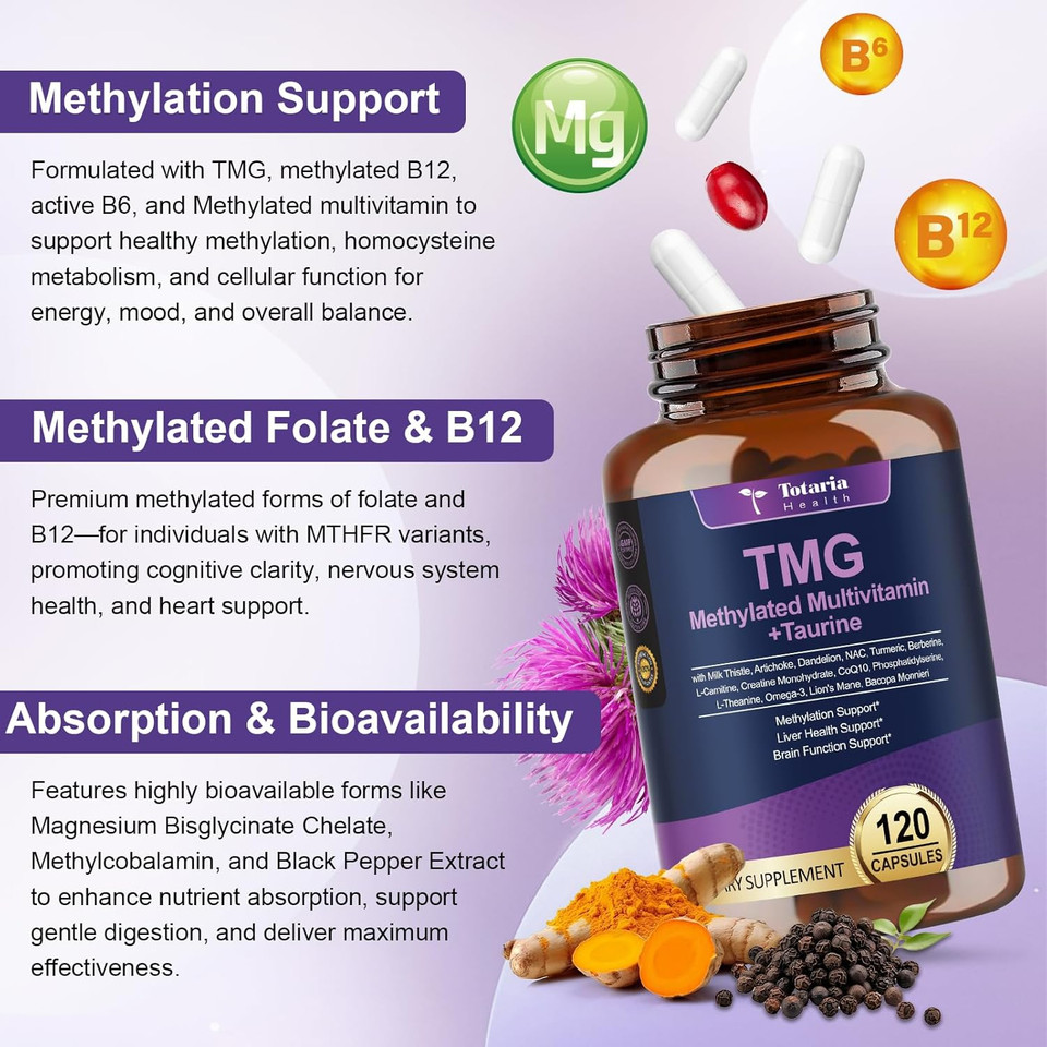 24-In-1 Methylated Multivitamin Tmg Taurine Supplements (Trimethylglycine), Powerful Betaine Anhydrous, W/B Complex, B12, B9, Nac, For Heart, Liver, Brain, 120 Capsules, 60 Day Supply