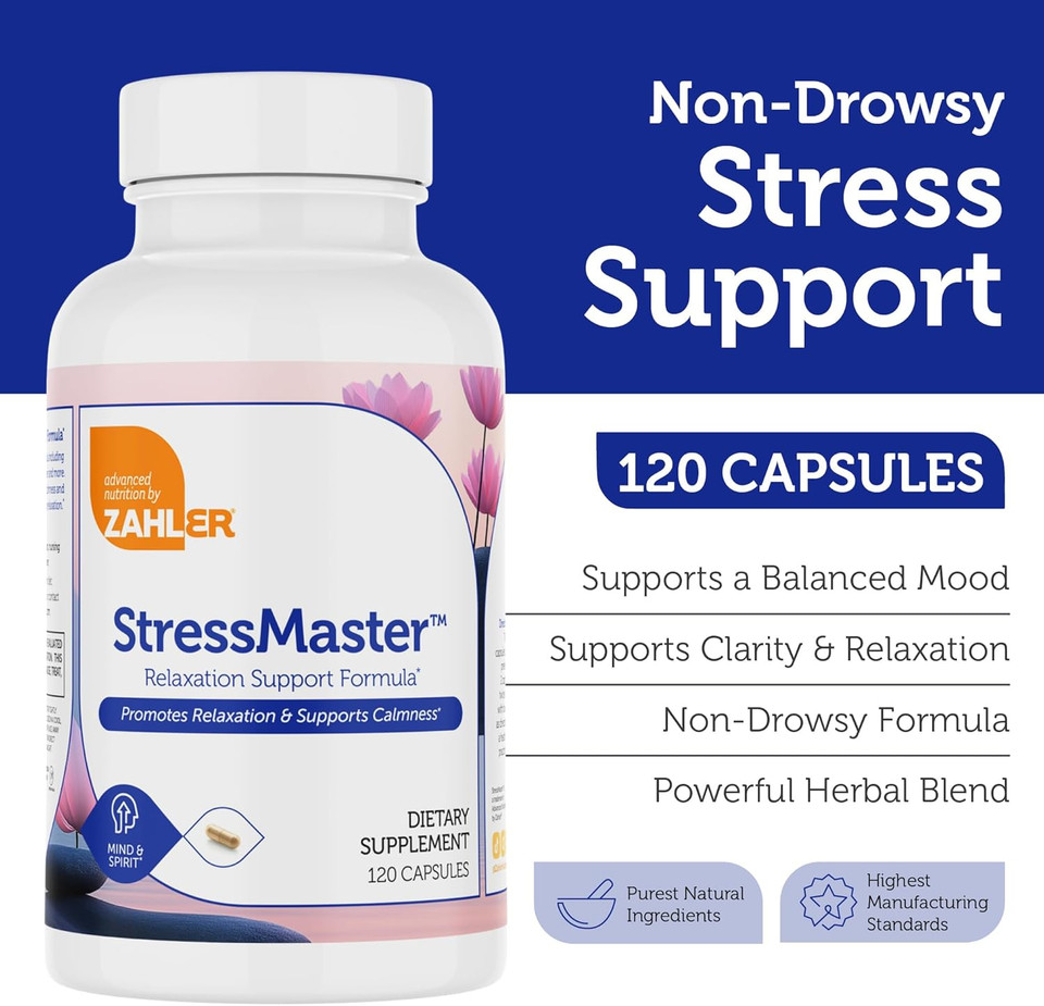 Zahler Stressmaster  Natural Relaxation & Calm Mood Support Formula  Valerian, Passionflower, Rhodiola, Gaba&L - Theanine Supplement For Women And Men  Kosher Gluten Free Non-Gmo (120Capsules)