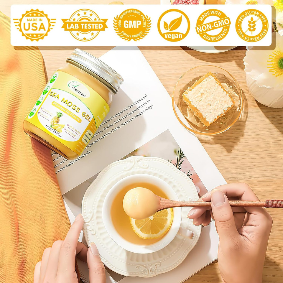 15Oz Sea Moss Gel Irish Wildcrafted Seamoss Gel, Vegan Superfood Vitamins Mineral Support, Pineapple Flavor