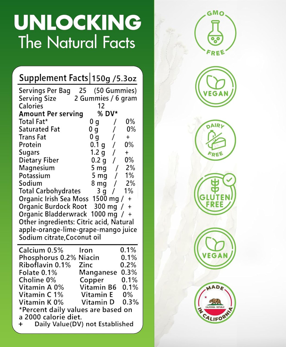 Sea Moss Gummies - Irish Sea Moss Raw Organic, Bladderwrack, Burdock Root. Contains Sea Moss Gel And Powder. Superfoods For Vegan, Keto And Dr Sebi Diet. Immune Boosting (1, Original)