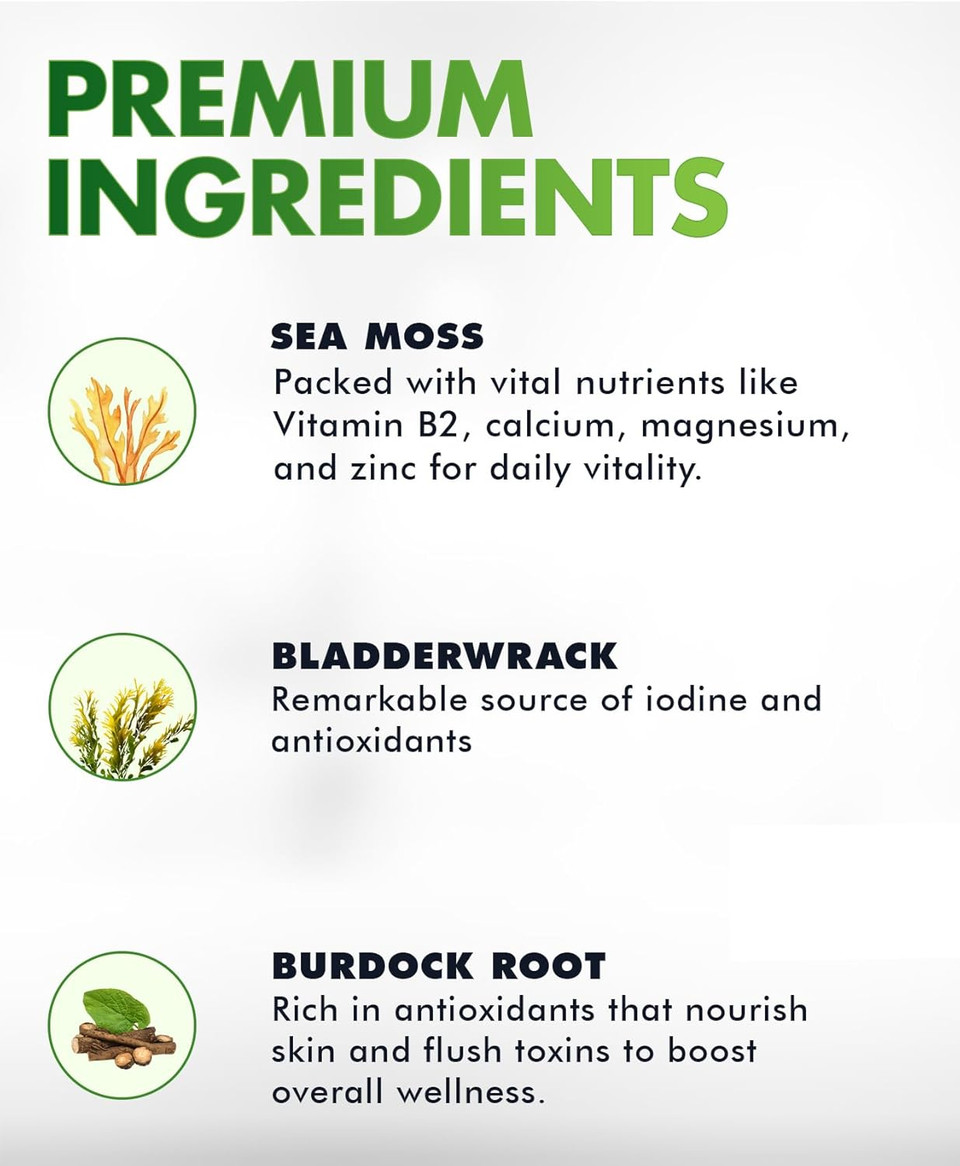 Sea Moss Gummies - Irish Sea Moss Raw Organic, Bladderwrack, Burdock Root. Contains Sea Moss Gel And Powder. Superfoods For Vegan, Keto And Dr Sebi Diet. Immune Boosting (1, Original)