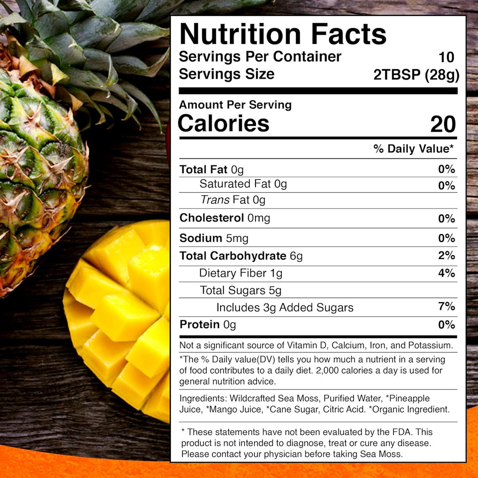 Irish Sea Moss Gel Raw - Wildcrafted Superfood Seamoss Gel - Pineapple Mango Flavor, Vitamin And Mineral-Rich From Pristine Caribbean Waters - 10 Oz