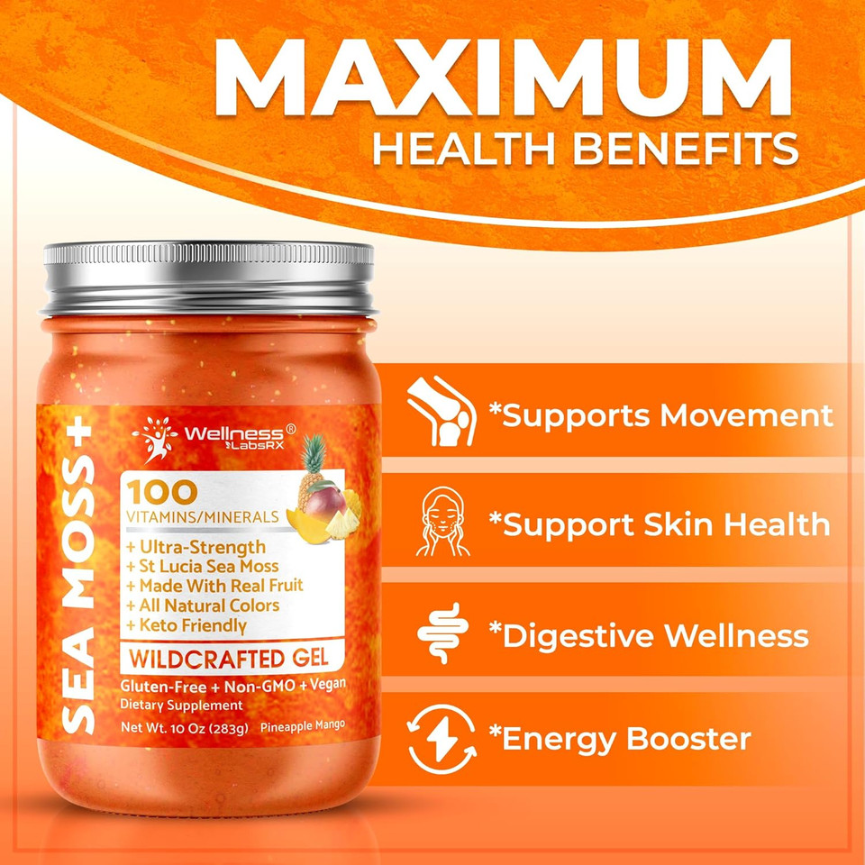 Irish Sea Moss Gel Raw - Wildcrafted Superfood Seamoss Gel - Pineapple Mango Flavor, Vitamin And Mineral-Rich From Pristine Caribbean Waters - 10 Oz