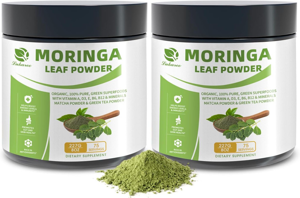 Organic Moringa Powder & Matcha Powder, Multi-Green Superfoods With Green Tea Resveratrol - Energy And Digestive Support, Rich In Antioxidants And Vitamin A D3 E B6 B12 Calcium, Non-Gmo, Vegan, 16 Oz