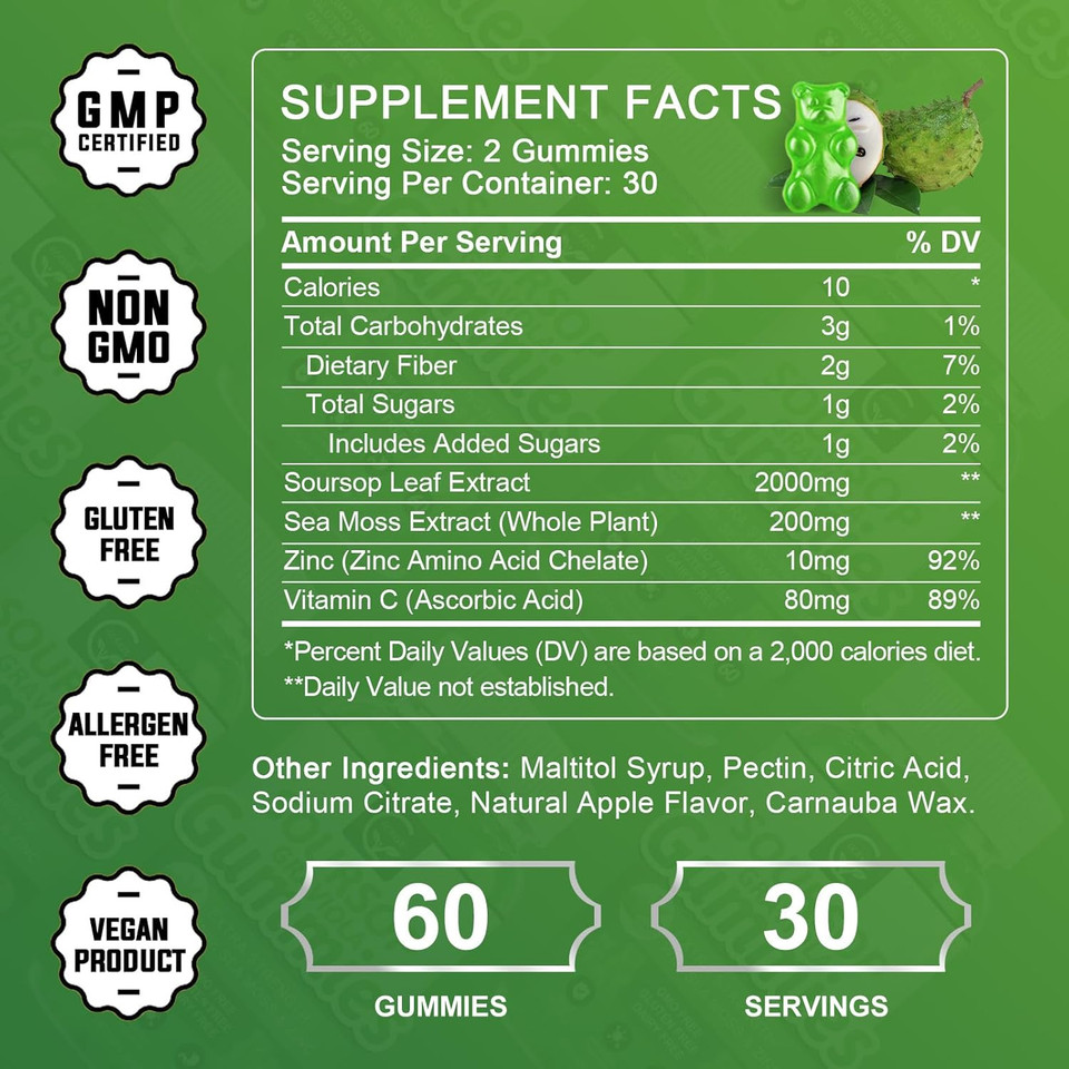 Organic Soursop Graviola Gummies - 2200Mg Extra Strength Soursop Leaves Extract W/Sea Moss Extract 200Mg, Zinc & Vitamin C - Supports Immunity, Liver, Zzz & Antioxidant, Gluten Free, Vegan, 60 Gummies