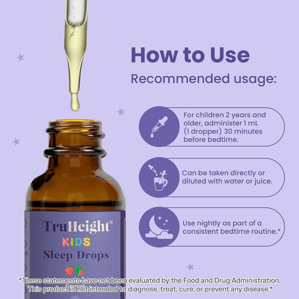 Truheight Kids Sleep Tincture Ages 2+ (Watermelon Flavor) - Babies, Toddlers & Kids Natural Sleep Aid - Baby, Toddler, Child Melatonin 2 Year Old+ - Vitamin B6, Riboflavin, Zinc, Copper, Lemon Balm