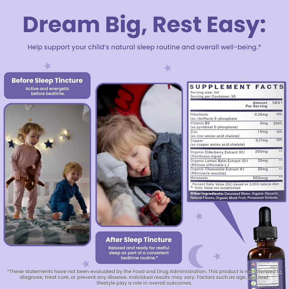 Truheight Kids Sleep Tincture Ages 2+ (Watermelon Flavor) - Babies, Toddlers & Kids Natural Sleep Aid - Baby, Toddler, Child Melatonin 2 Year Old+ - Vitamin B6, Riboflavin, Zinc, Copper, Lemon Balm