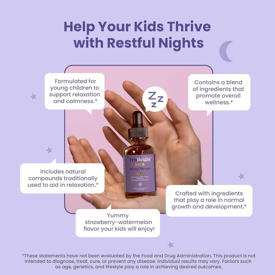 Truheight Kids Sleep Tincture Ages 2+ (Watermelon Flavor) - Babies, Toddlers & Kids Natural Sleep Aid - Baby, Toddler, Child Melatonin 2 Year Old+ - Vitamin B6, Riboflavin, Zinc, Copper, Lemon Balm