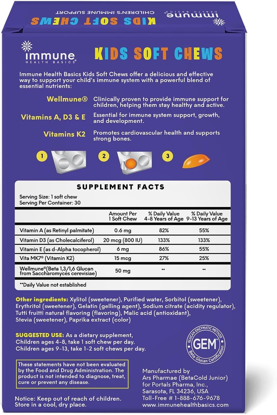 Kids Soft Chews With Wellmune® | Natural Beta Glucan Supplement For Immune Support & Daily Wellness | Allergen-Free & No Added Sugar | Tutti-Frutti Flavor, 30 Soft Chews