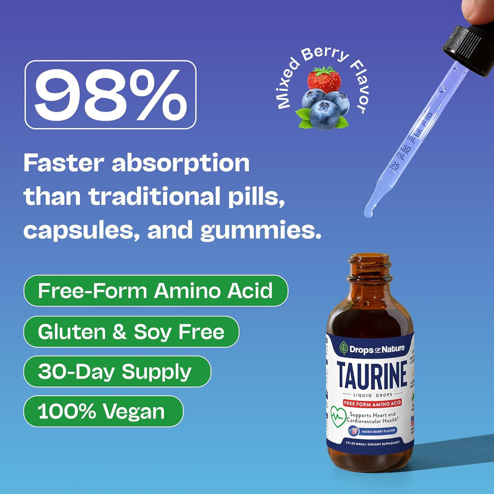Taurine Supplement Liquid Drops  Vegan Alternative To Capsules & Powder  Complements Glycine And L'Theanine  Free-Form Amino Acids Supplement For Heart Wellness, Energy & Focus (Mixed Berry, 60 Ml)