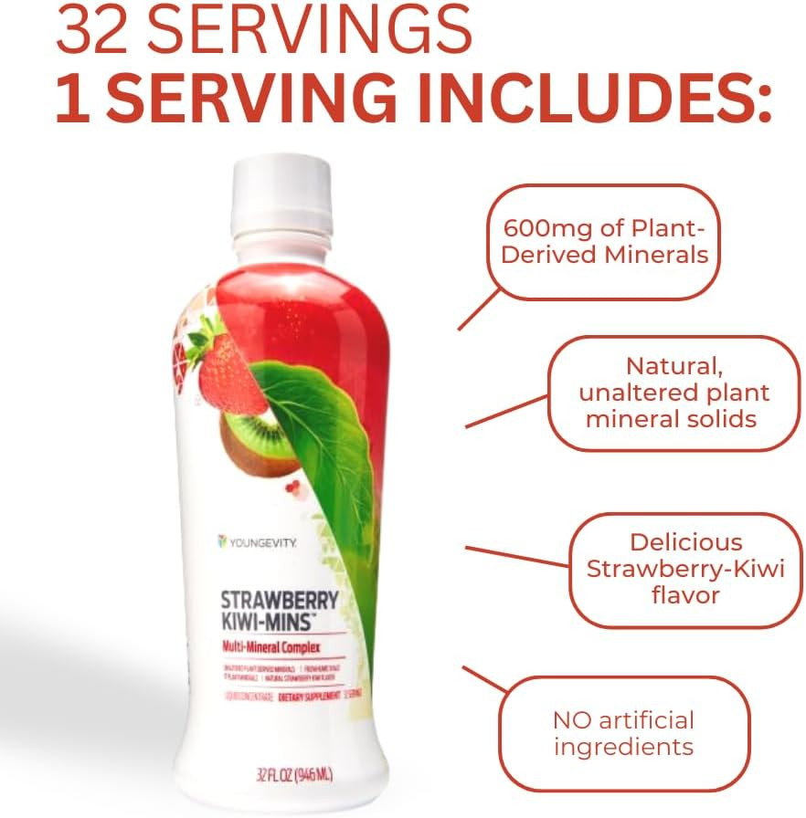 Youngevity Strawberry Kiwi-Mins Plant Derived Multi-Mineral Complex - Made From Humic Shale - Liquid Colloidal Form - Kid Friendly Taste - (32Oz)