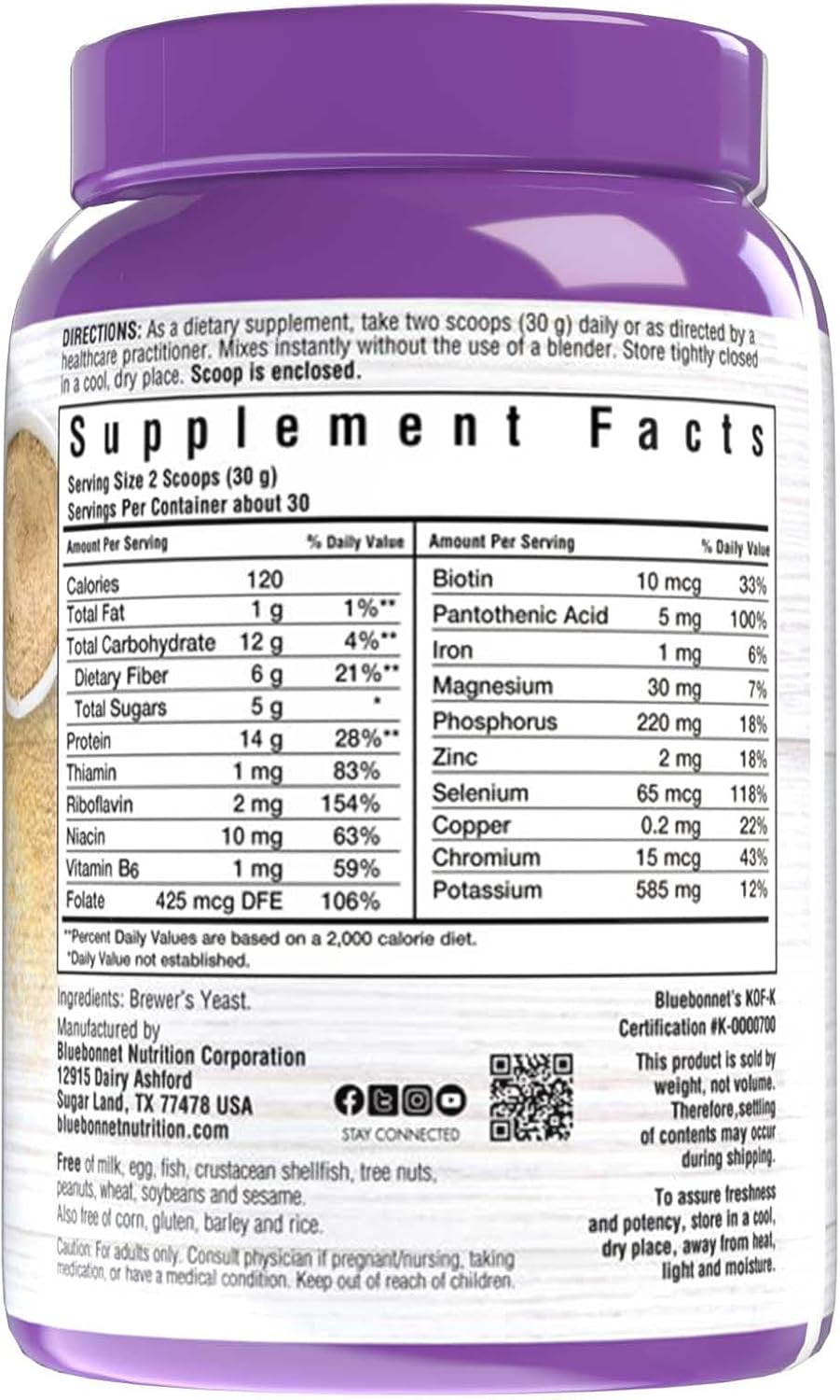 Bluebonnet Nutrition Super Earth Brewers Yeast Powder, Super Food, Whole Food, Source For Vitamins, Great Tasting, Vegan, Vegetarian, Non Gmo, Gluten Free, Soy Free, Milk Free, Kosher, 2 Lb