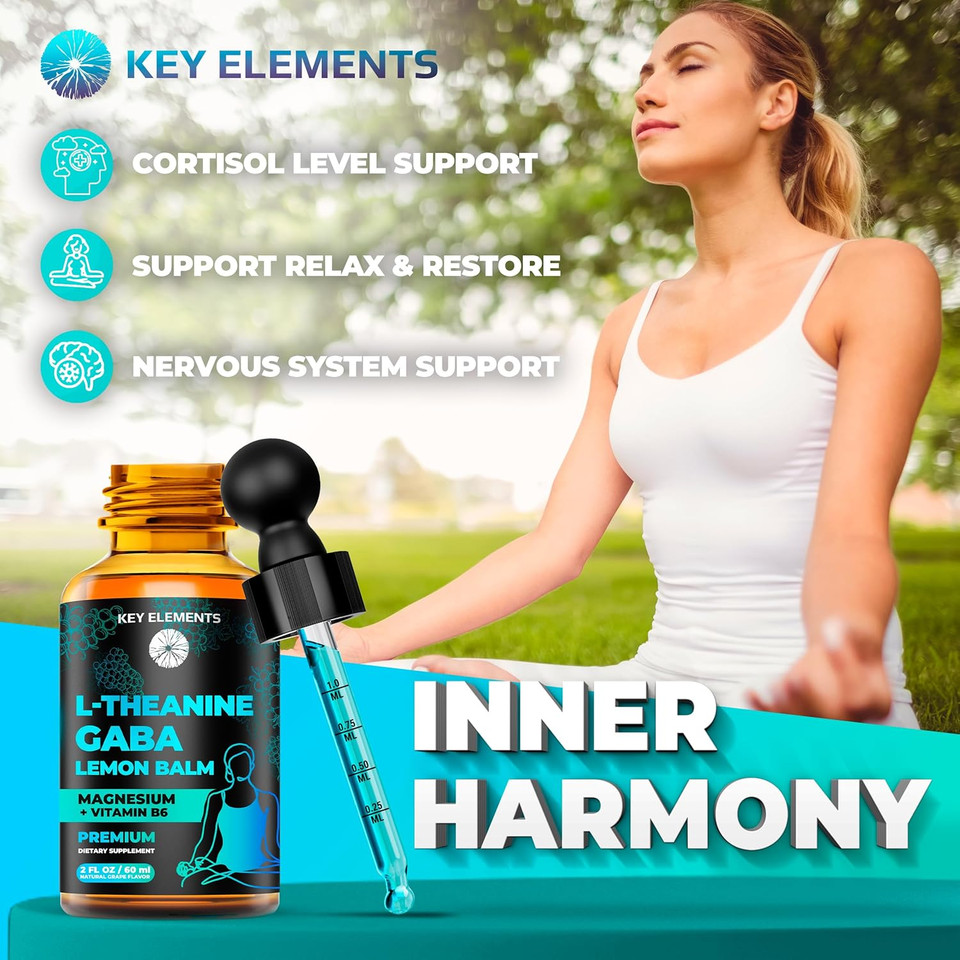 Key Elements Liquid Gaba With L Theanine Supplement | Gaba 500Mg And L Theanine 200Mg | L-Theanine And Gaba Supplements With Lemon Balm Extract, L-Theanine And Magnesium With Vitamin B6 | Gaba Drops
