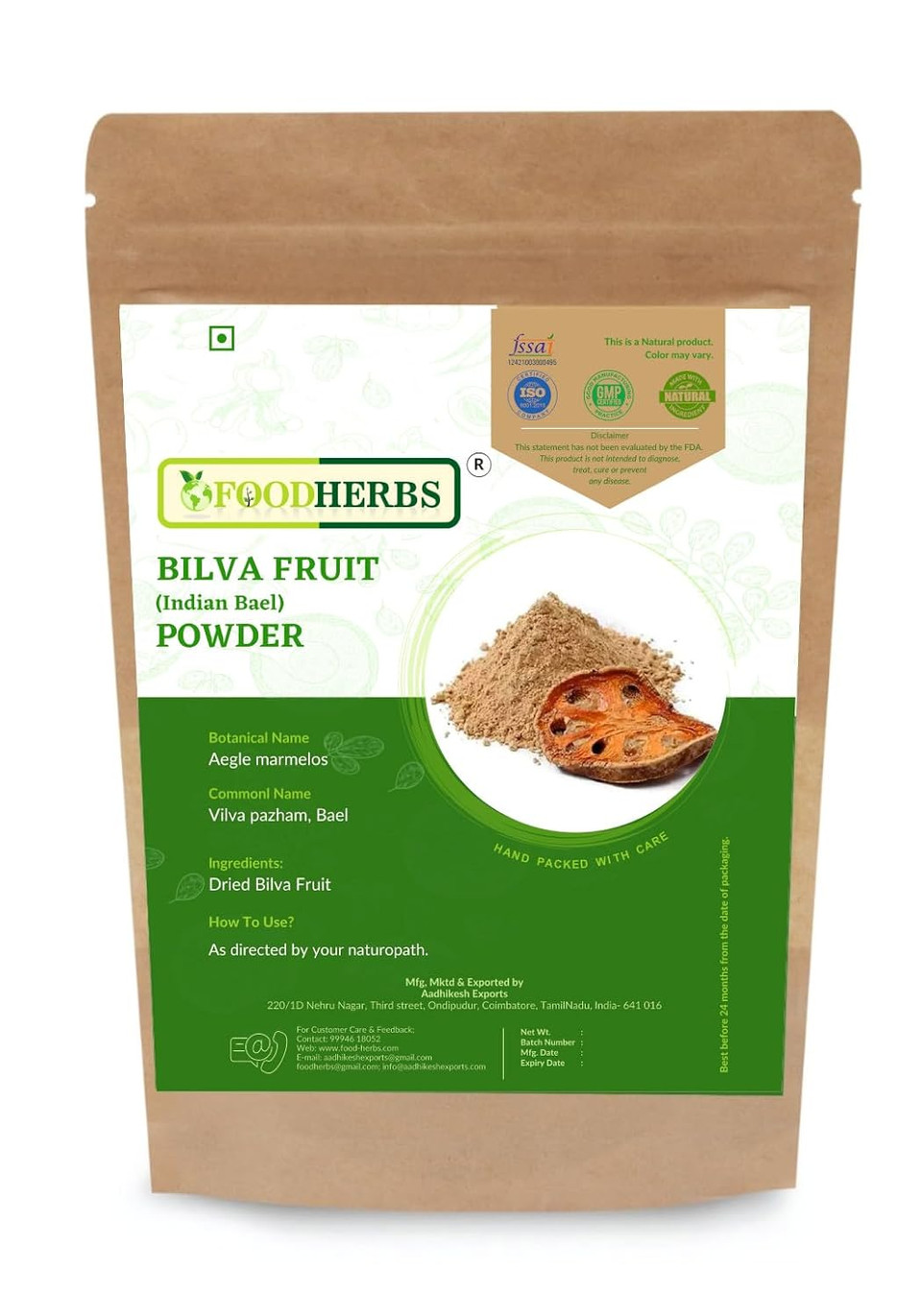 Foodherbs Bael Fruit Powder | 200 G / 0.44 Lbs | Bilva | Aegle Marmelos | Vilva Pazham