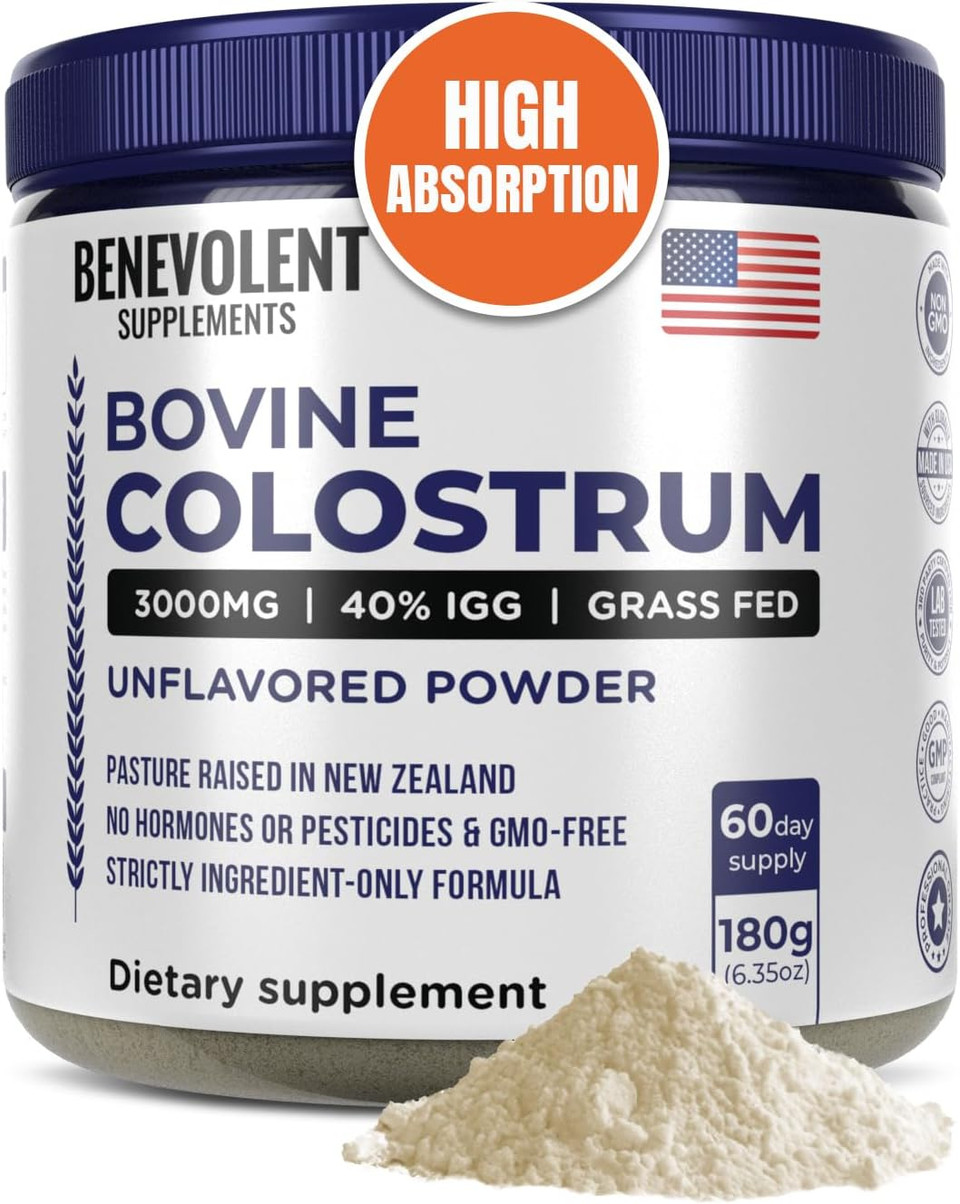Bovine Colostrum Powder Supplement (3000Mg + 40% Igg + No Fillers) Supports Gut & Digestive Health, Muscle Recovery & Growth, Immune Support - Unflavored & Easy To Mix - Grass Fed - 60 Servings