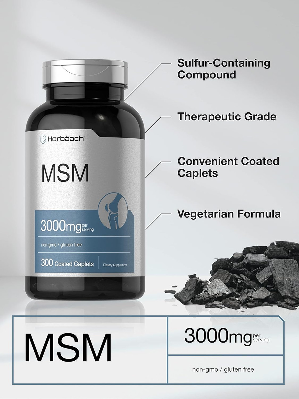 Horbäach Msm Supplement | 3000Mg | 300 Coated Caplets | Methylsulfonylmethane With Calcium | Vegetarian, Non-Gmo, Gluten Free