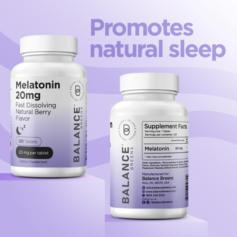 Balancebreens Melatonin 20Mg Fast Dissolve Tablets - High Potency, Fast Acting, Natural Sleep Support - Sleep Aids For Adults - Non-Groggy, Drug-Free Formula - 120 Sleeping Pills