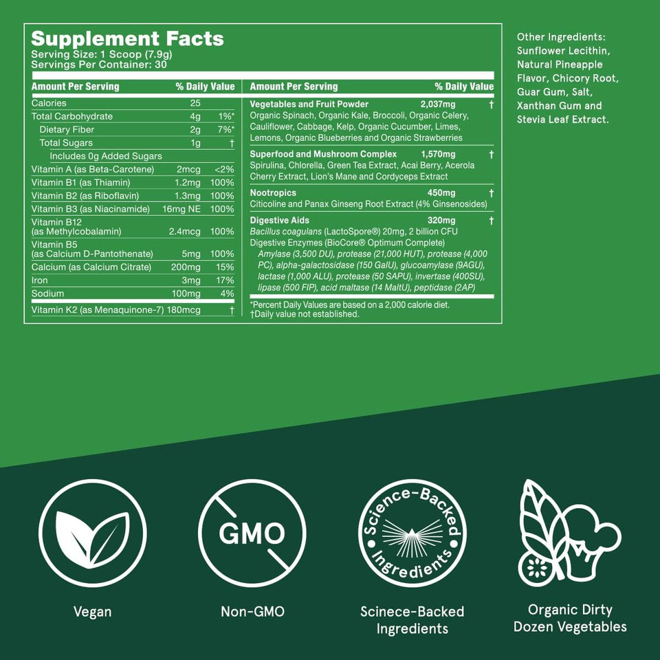 Bulletproof Greens, 8.4 Ounces, Daily Greens Powder With Superfoods And Nootropics, Full Serving Of Vegetables, Essential Nutrients