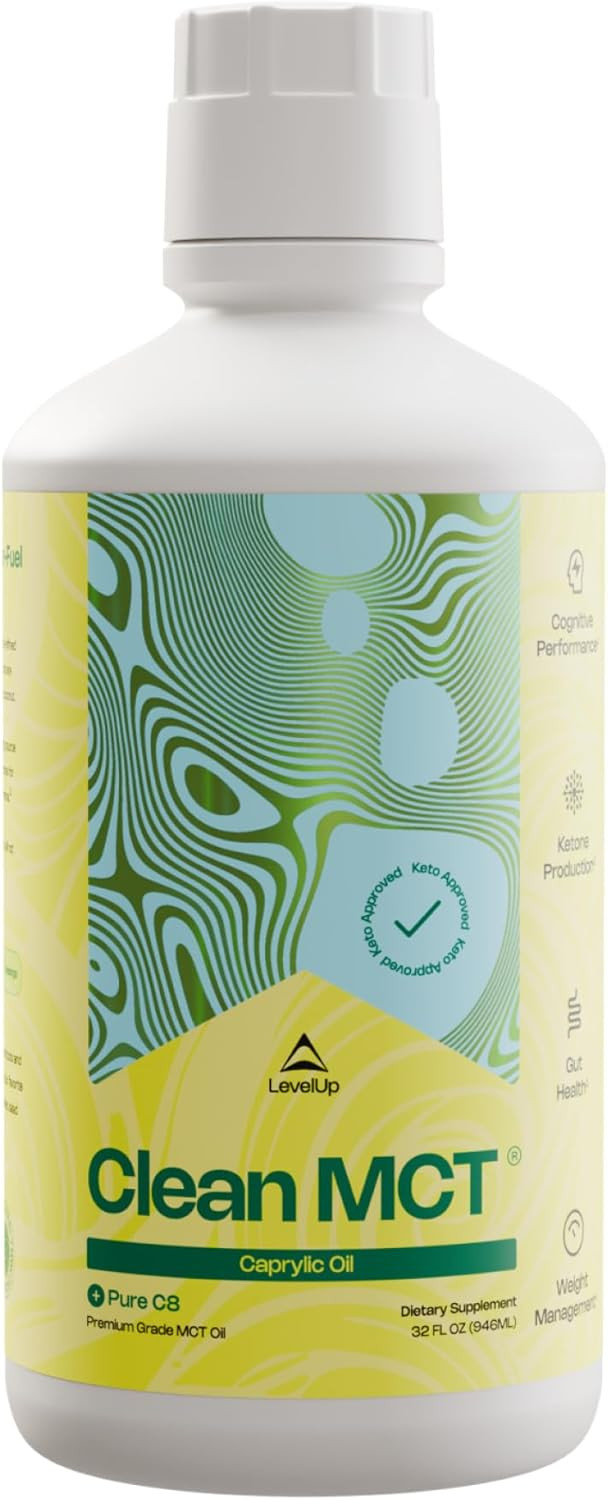 Levelup Clean Mct Oil - 100% Caprylic C8 For Energy, Focus, Weight Management, Gut Health, Brain Superfuel - Keto Supplement For Ketogenic Coffee And Ketones - Non-Gmo (16 Oz Glass Bottle)