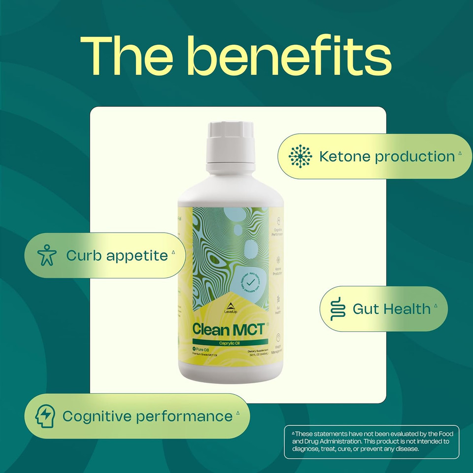 Levelup Clean Mct Oil - 100% Caprylic C8 For Energy, Focus, Weight Management, Gut Health, Brain Superfuel - Keto Supplement For Ketogenic Coffee And Ketones - Non-Gmo (16 Oz Glass Bottle)
