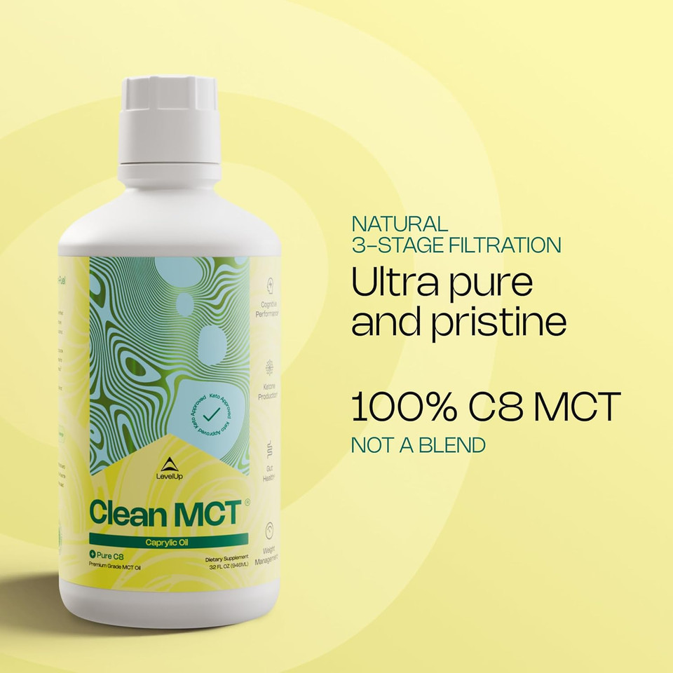 Levelup Clean Mct Oil - 100% Caprylic C8 For Energy, Focus, Weight Management, Gut Health, Brain Superfuel - Keto Supplement For Ketogenic Coffee And Ketones - Non-Gmo (16 Oz Glass Bottle)