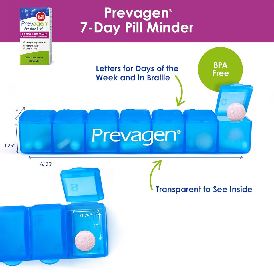 Prevagen Extra Strength 20Mg, 30 Chewables |Mixed Berry| With Apoaequorin & Vitamin D And 7-Day Pill Minder