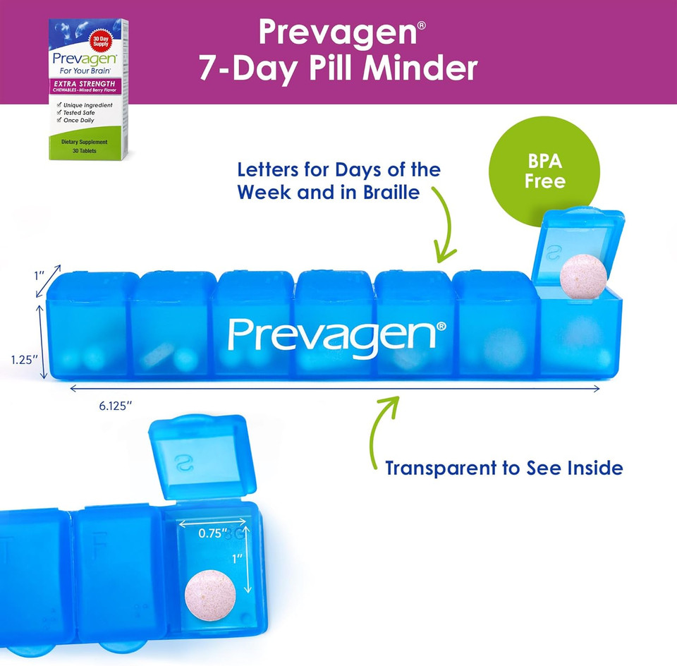 Prevagen Extra Strength 20Mg, 30 Chewables |Mixed Berry| With Apoaequorin & Vitamin D And 7-Day Pill Minder