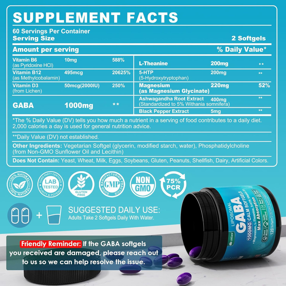 Gaba Supplement - 1000 Mg Liposomal Form For Optimal Absorption,Gaba With L-Theanine, Magnesium Glycinate, 5Htp, Vitamin D3 For Brain Calm, Mood, Zzz Better - Melatonin-Free 120 Softgels