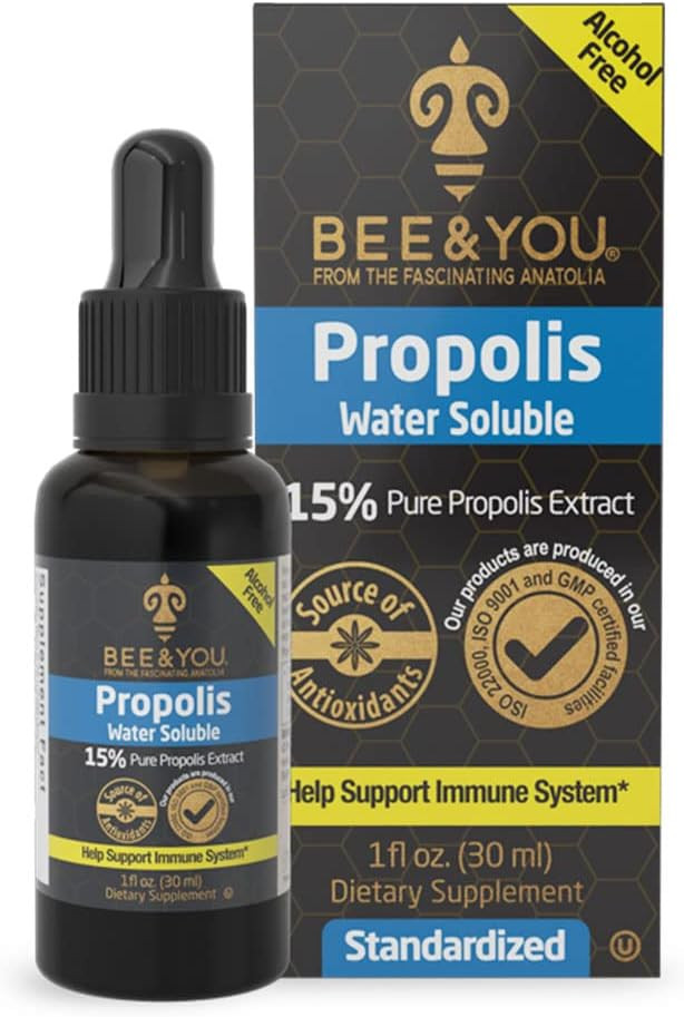 Bee And You 100% Natural Pure Propolis Extract  Water Soluble, Bee Propolis,High Potency, Ultra Pure Immune Support Supplement, Antioxidants, Detox, Gluten-Free, 1 Fl Oz