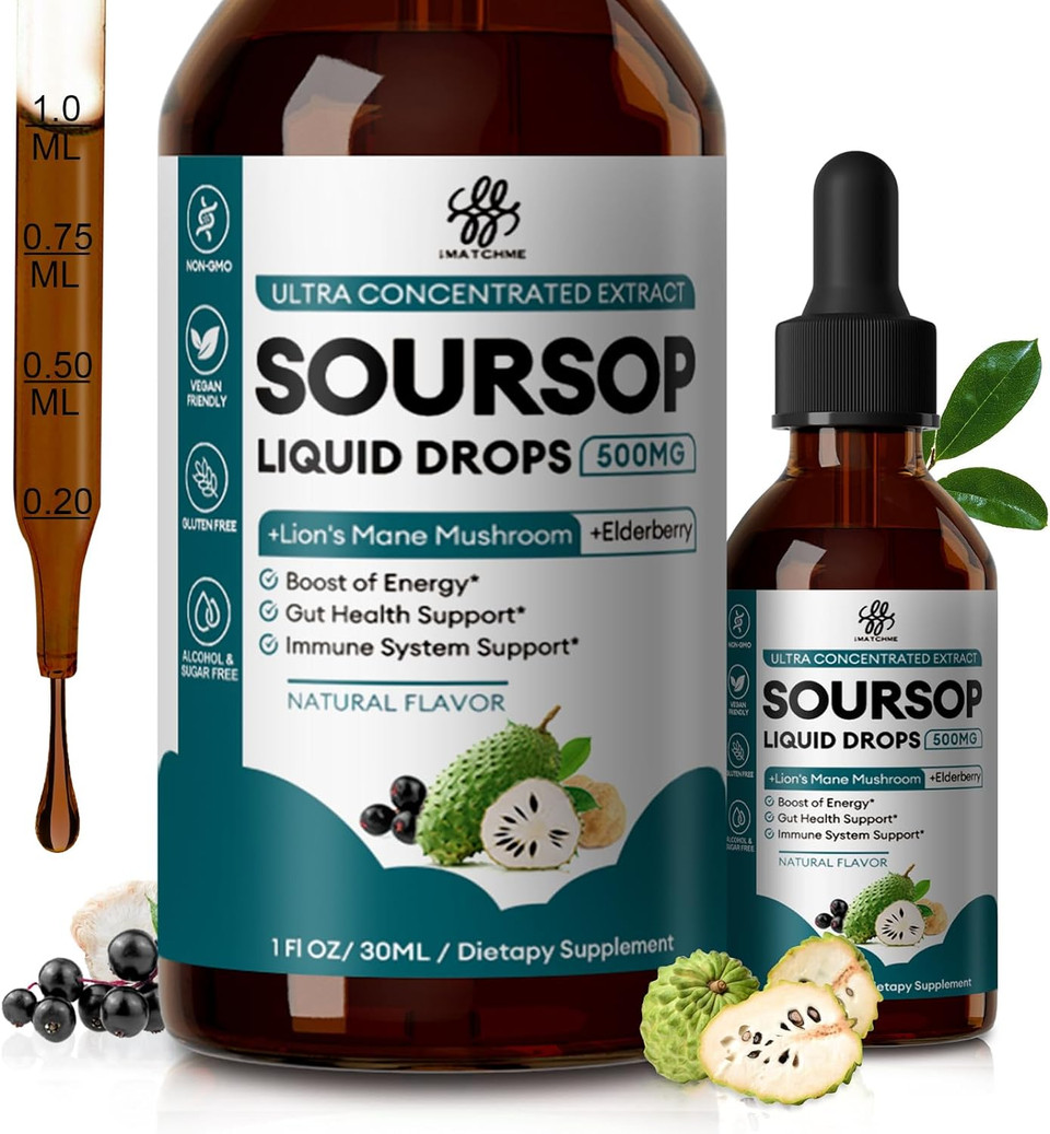 Soursop Graviola Liquid Drop With Elderberry & Lion Mane Mushroom, Soursop Bitter Liquid For Immune, Gut, Antioxidants, Cell & Energy Support, Sugar-Free, 3X Power Herbal, Natural Flavor, 1 Fl Oz