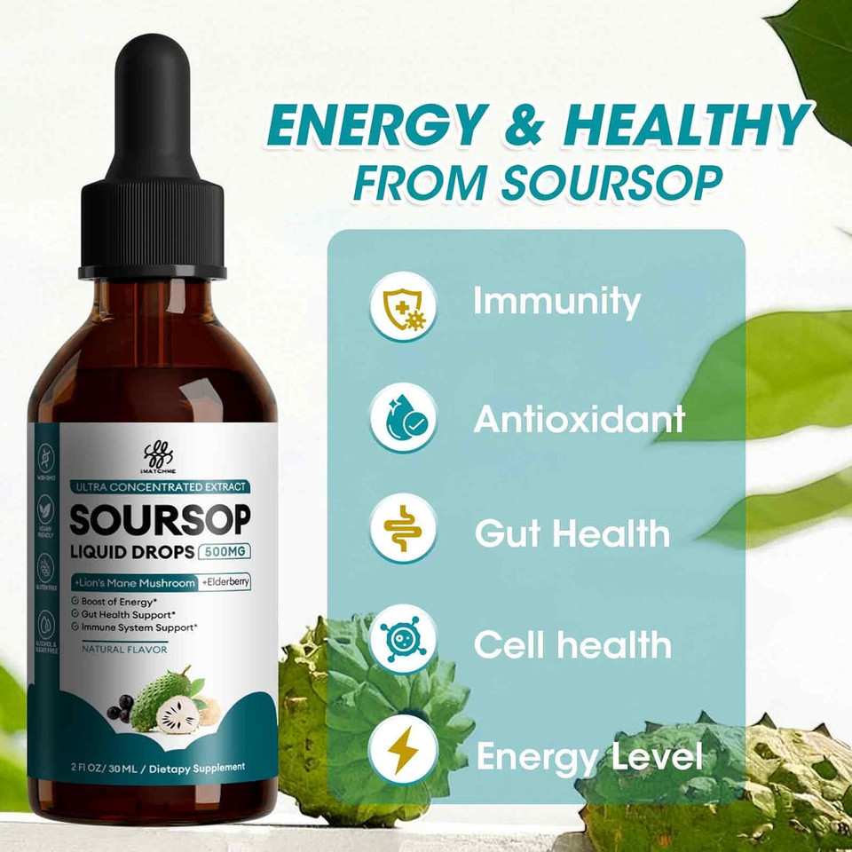 Soursop Graviola Liquid Drop With Elderberry & Lion Mane Mushroom, Soursop Bitter Liquid For Immune, Gut, Antioxidants, Cell & Energy Support, Sugar-Free, 3X Power Herbal, Natural Flavor, 1 Fl Oz