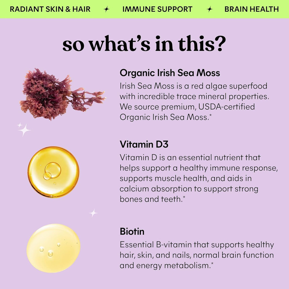 Lemme Irish Sea Moss Organic Liquid Drops With Vitamin D3 And Biotin For Trace Mineral Support, Immunity, Hair, Skin & Nails, Brain Health - Gluten & Sugar Free, Non Gmo, 1 Oz, 30 Servings
