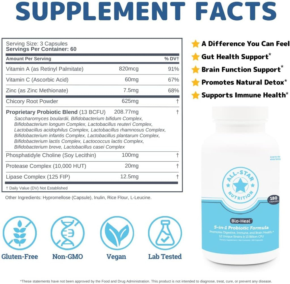 5-In-1 Bio-Heal® Probiotic Capsules For Kids, Men & Women - Best Supplement For Brain Function, Gut Health & Constipation - Shelf Stable & Fortified With Vitamins, Minerals & Prebiotics