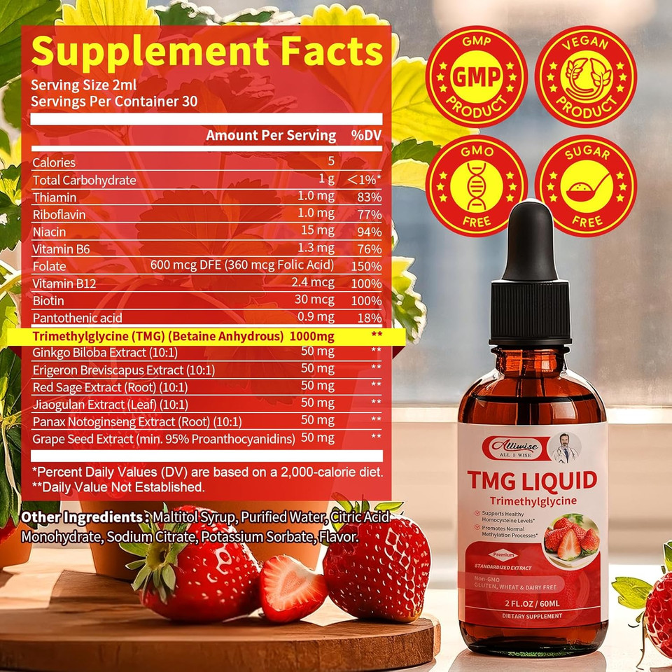 Tmg Liquid Drops 1000Mg - Trimethylglycine Supplement For Methylation Support, Healthy Homocysteine Levels & Cardiovascular Health - Vegan, Non-Gmo, Gluten-Free, Fast Absorption (4 Fl Oz)