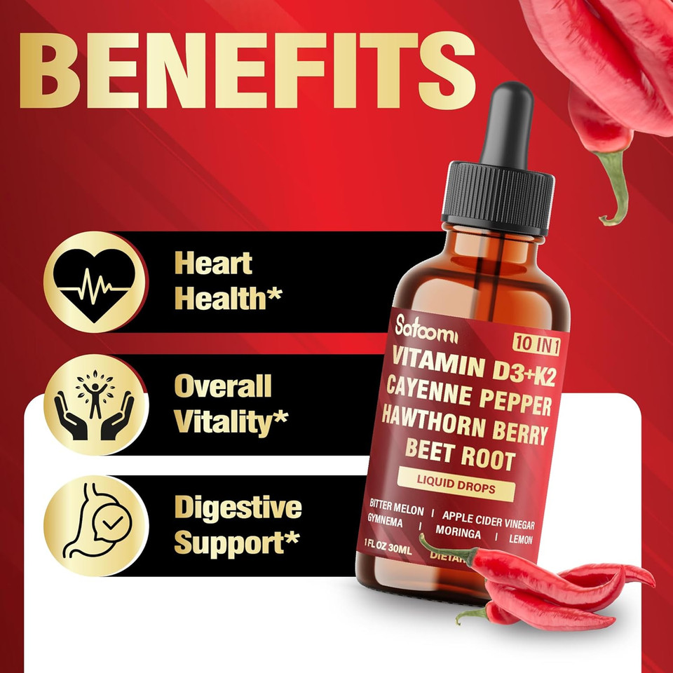 10In1 Cayenne Pepper Liquid Drops With Vitamin D3, Vitamin K2, Hawthorn Berry, Beet Root, Lemon, Apple Cider Vinegar, Gymnema, Moringa, Bitter Melon - Digestion Support - 30Ml - 60 Day Supply