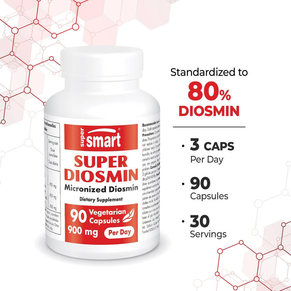 Supersmart - Super Diosmin 900Mg Per Day (Patented Micronized Diosmin) - Diosmin From Hesperidin - 90% Flavonoid Complex Supplement | Non-Gmo & Gluten Free - 90 Vegetarian Capsules
