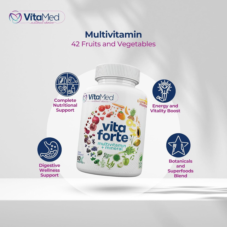 Vita Forte Vegan Multivitamin With Probiotics, Digestive Enzymes & 42 Fruits & Vegetables  Halal Certified, Non-Gmo, Gluten-Free, Daily Energy & Immune Support  180 Vegan Tablets