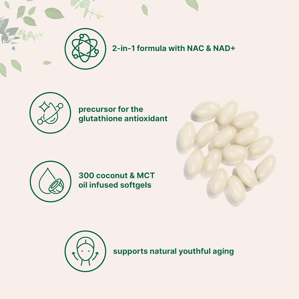 Nac 600Mg With Nad+, 300 Softgels | N-Acetyl L-Cysteine + Nicotinamide + Mct Oil | Cellular Energy & Antioxidant Support | Clean Label, Non-Gmo