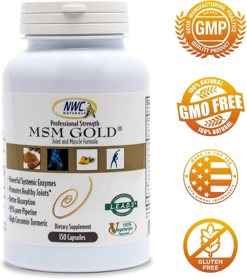 Nwc Naturals Msm Gold  Systemic Enzyme Supplement With Turmeric, Tomato Lycopene & Bioperine For Nutrient Absorption  Joint & Muscle Support  150 Antioxidant-Rich Vegetarian Capsules