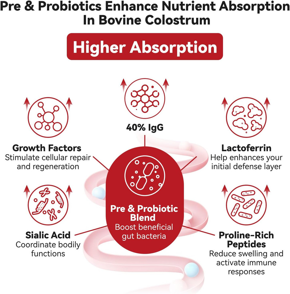 Colostrum Supplement Powder For Gut Health, Immune Support & Nutrient Absorption, Natural 40% Igg Bovine Colostrum With Pre & Probiotics Blend, Unflavored, 60 Servings