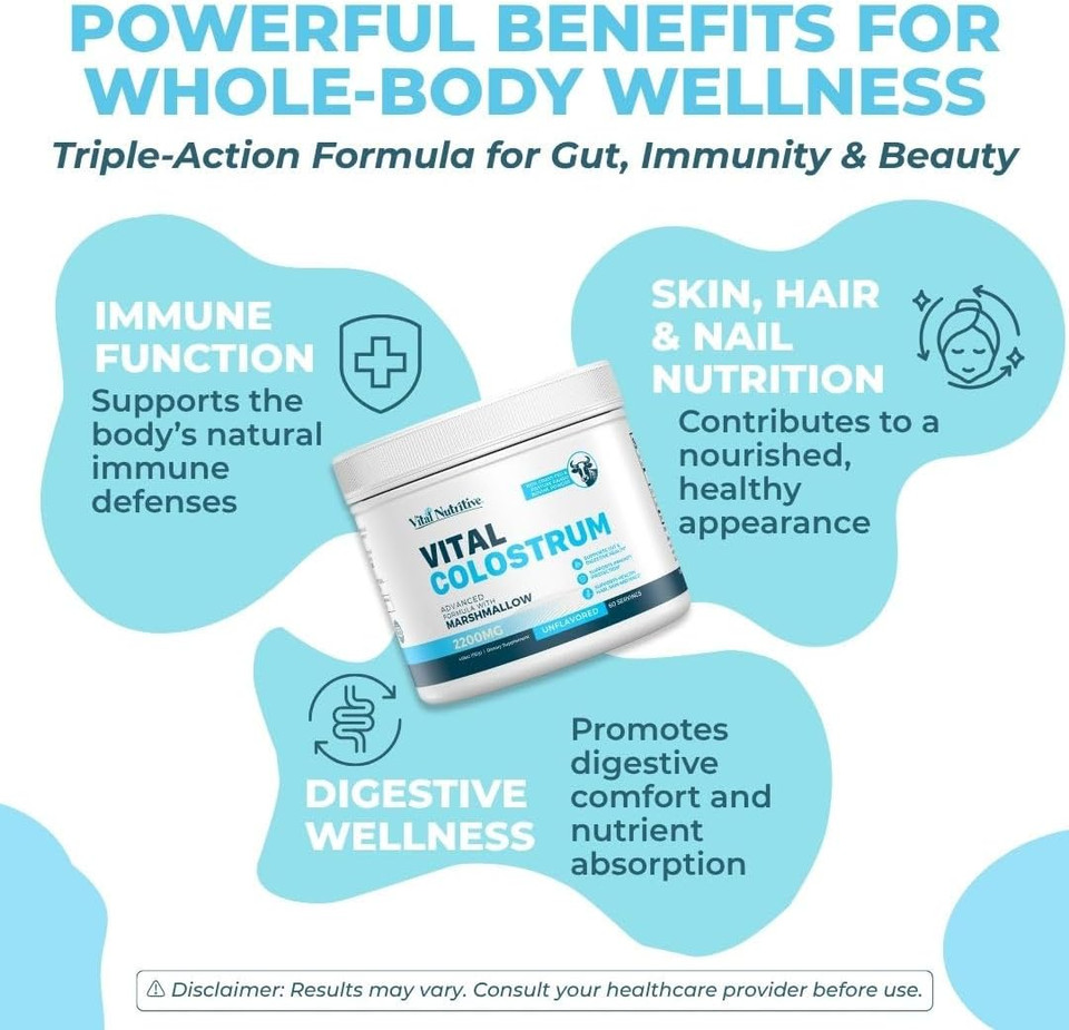 Vital Colostrum Powder For Gut And Immune Support High Igg Content Grass-Fed Bovine Source Organic Colostrum,Unflavored Powder, Non-Gmo,Gluten-Free, Made In Usa - 60 Servings