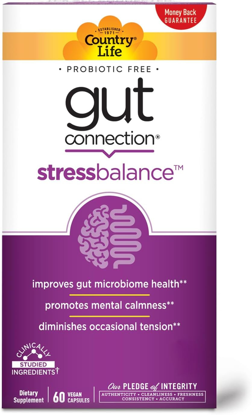 Country Life Gut Connection Stress Balance 60 Vegan Capsules, Certified Gluten Free, Certified Vegan, Non-Gmo Verified