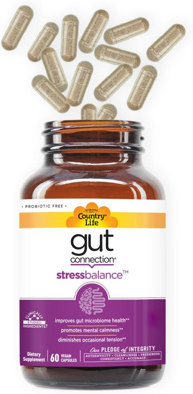 Country Life Gut Connection Stress Balance 60 Vegan Capsules, Certified Gluten Free, Certified Vegan, Non-Gmo Verified