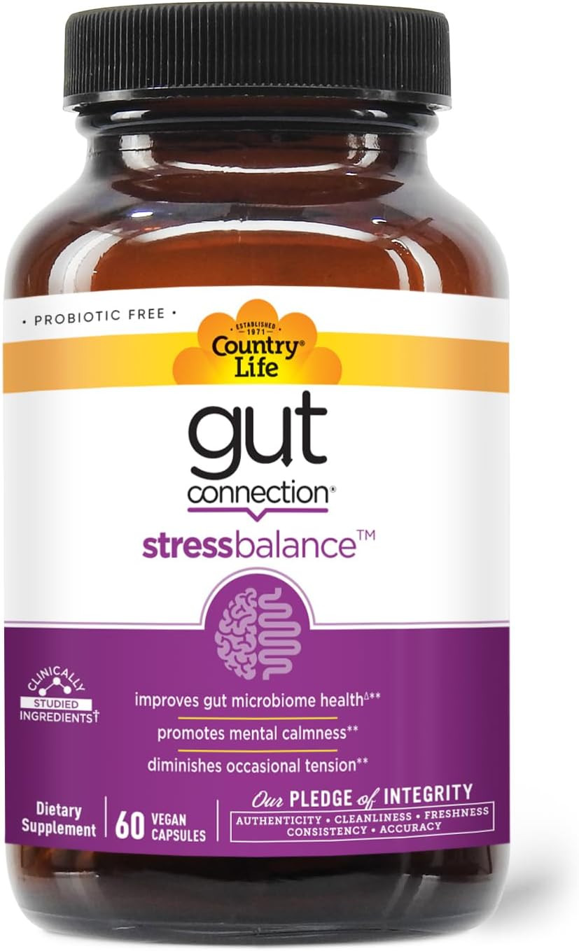 Country Life Gut Connection Stress Balance 60 Vegan Capsules, Certified Gluten Free, Certified Vegan, Non-Gmo Verified