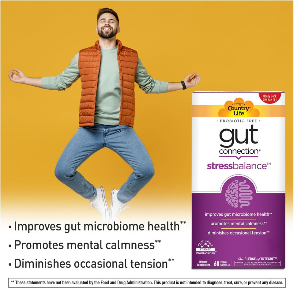 Country Life Gut Connection Stress Balance 60 Vegan Capsules, Certified Gluten Free, Certified Vegan, Non-Gmo Verified